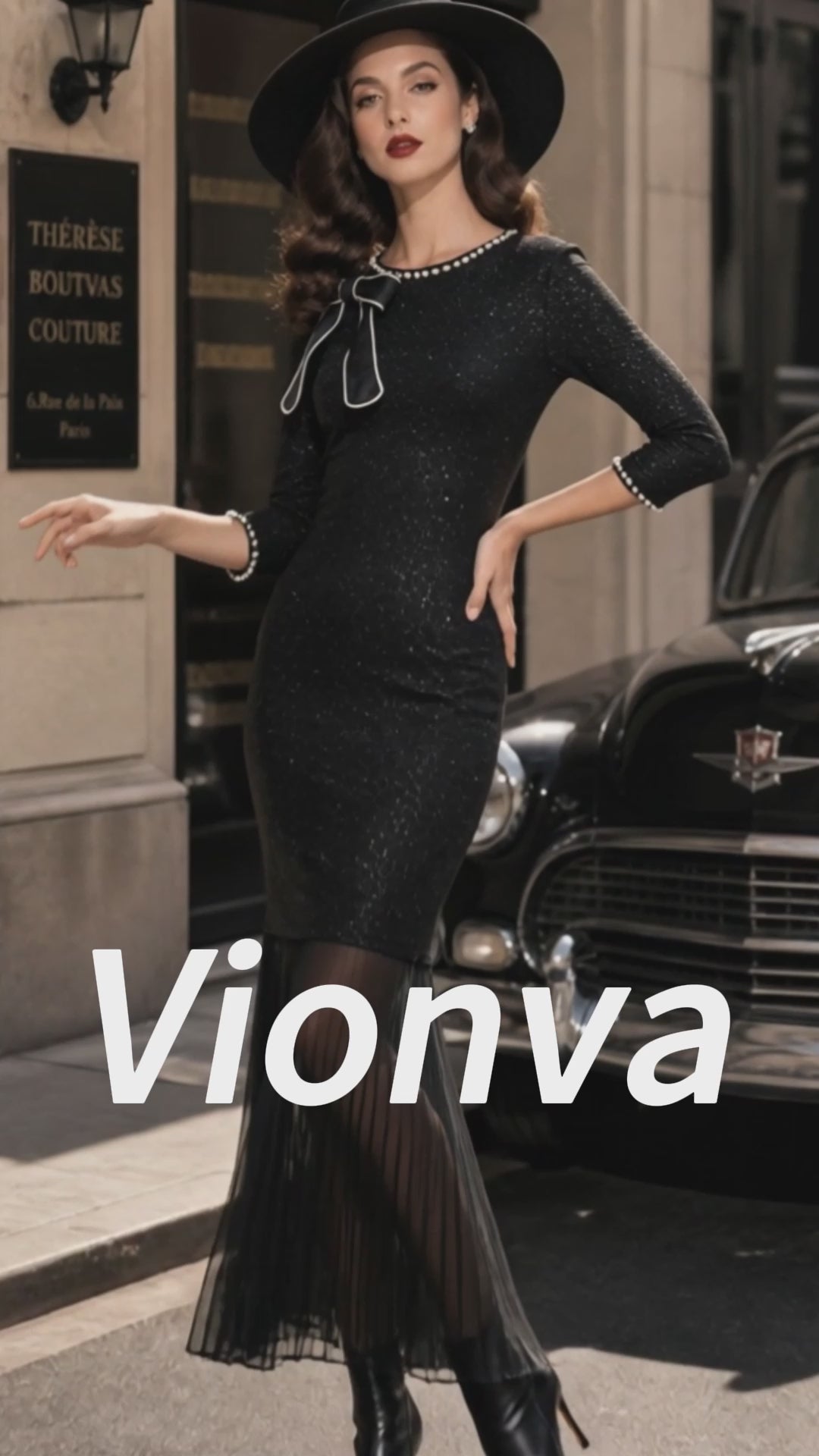 Vintage Black Glitter Bow-Neck Pleated Fishtail Knit Dress