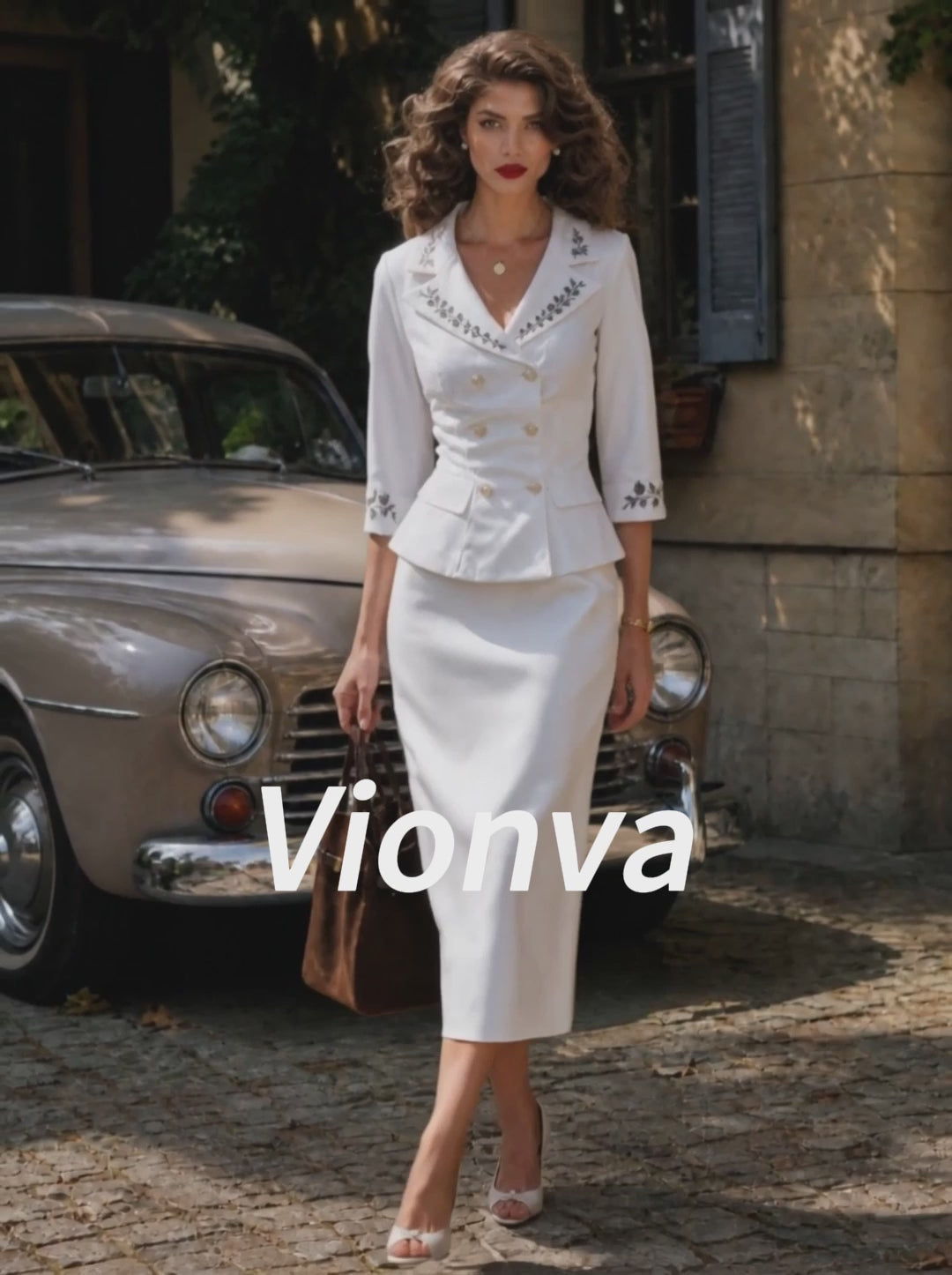 Vintage Ivory Embroidered Peplum Blazer & Pencil Skirt Set