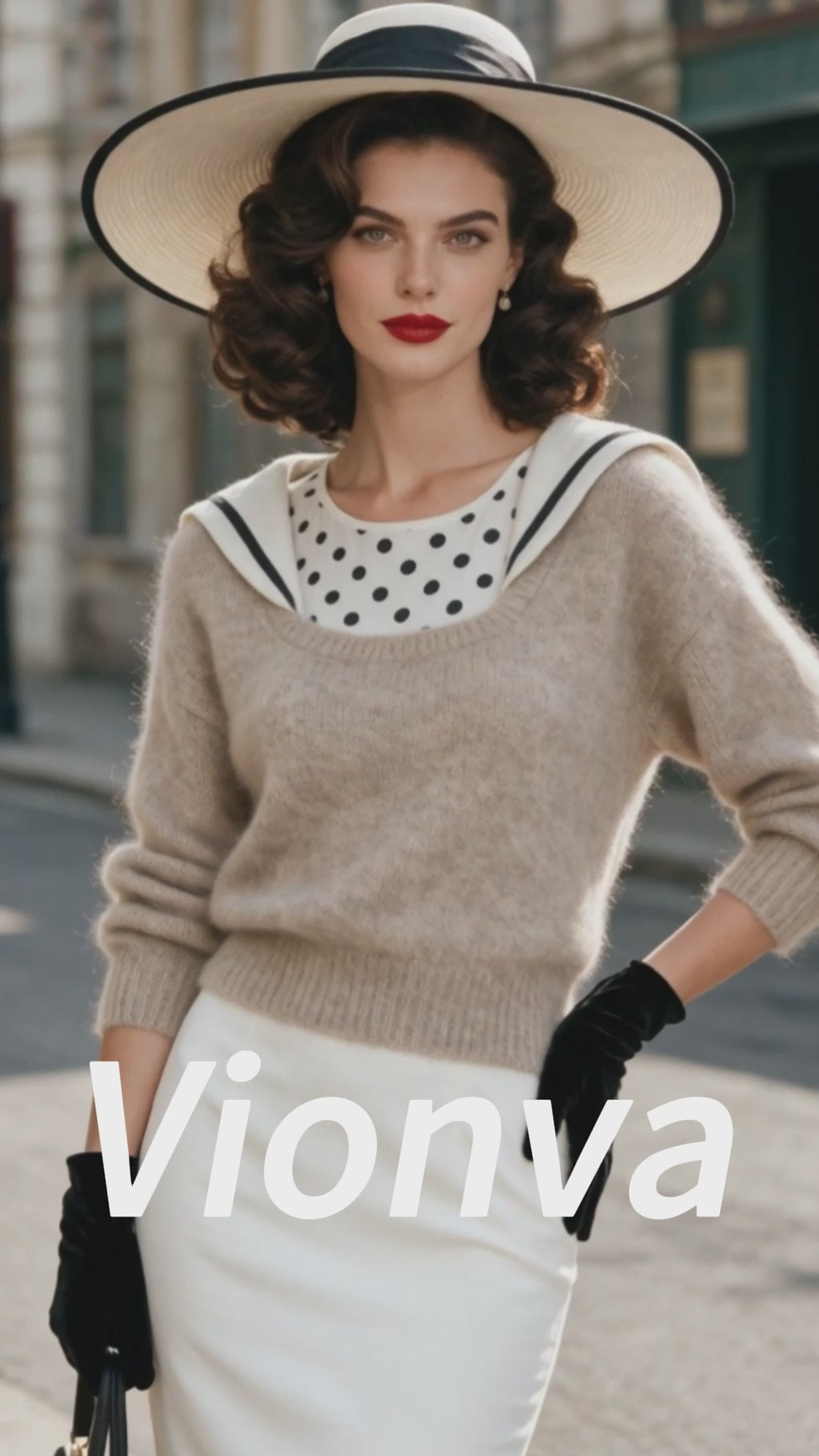 Vintage Beige Sailor-Collar Fuzzy Mohair Knit Sweater