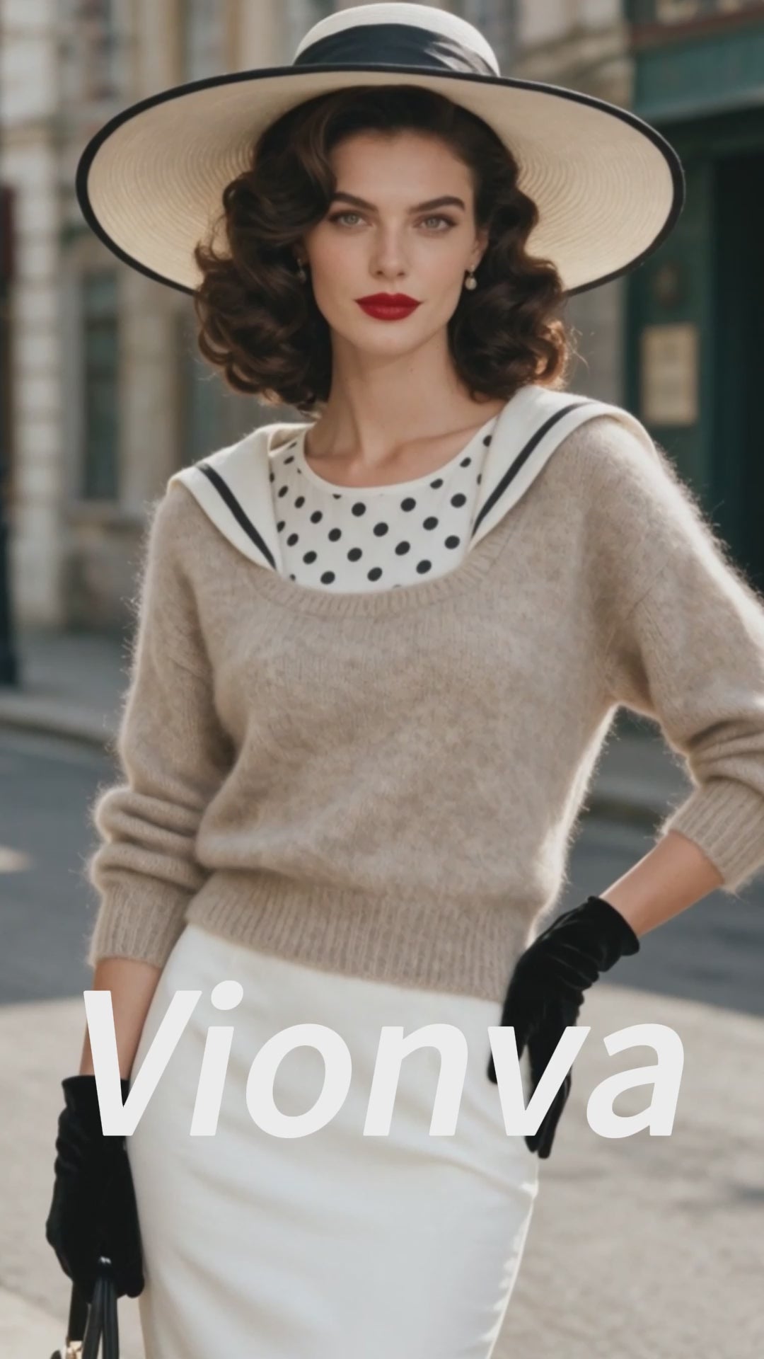 Vintage Beige Sailor-Collar Fuzzy Mohair Knit Sweater