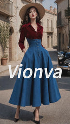 Vintage Red Velvet Blue Denim High-Waist Maxi Dress