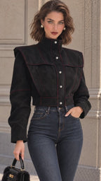 Vintage Black Faux Suede Stand Collar Cropped Jacket
