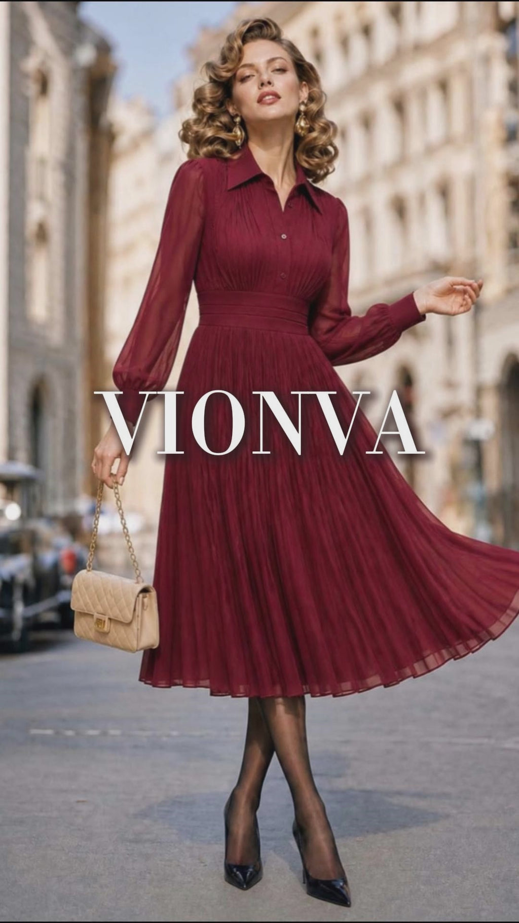 Vintage Collar Pleated Midi Chiffon Dress