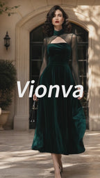 Vintage Green Velvet Mesh-Yoke Keyhole A-Line Dress