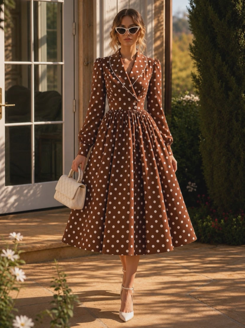Vintage Polka Dot Print Cross Neck Full Skirt Midi Dress