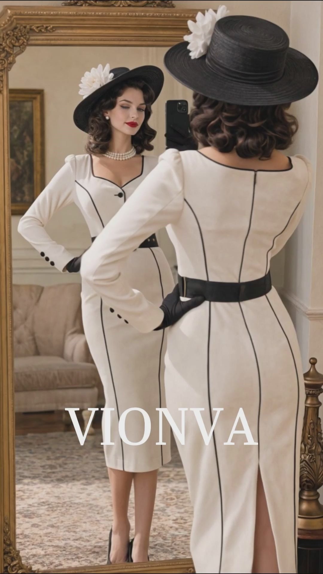 Vintage 1950s White Contrast Piping Long Sleeve Heart Neck Pencil Midi Dress