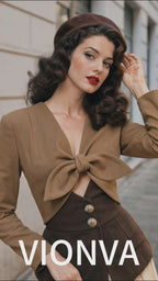 Vintage Hepburn Style Bow Front V‑Neck Cropped Top Retro Long Sleeve Blouse
