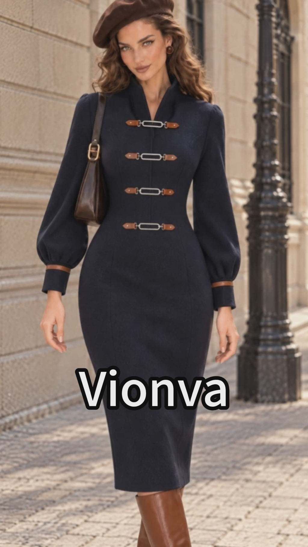 Vintage Navy Wool Blend Buckle Sheath Midi Dress