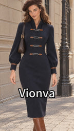 Vintage Navy Wool Blend Buckle Sheath Midi Dress