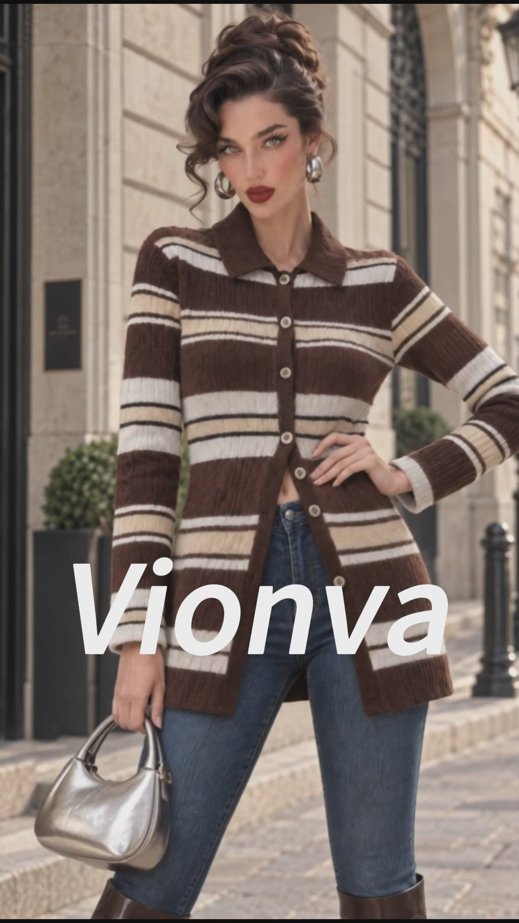Vintage Stripe Collared Button Longline Cardigan