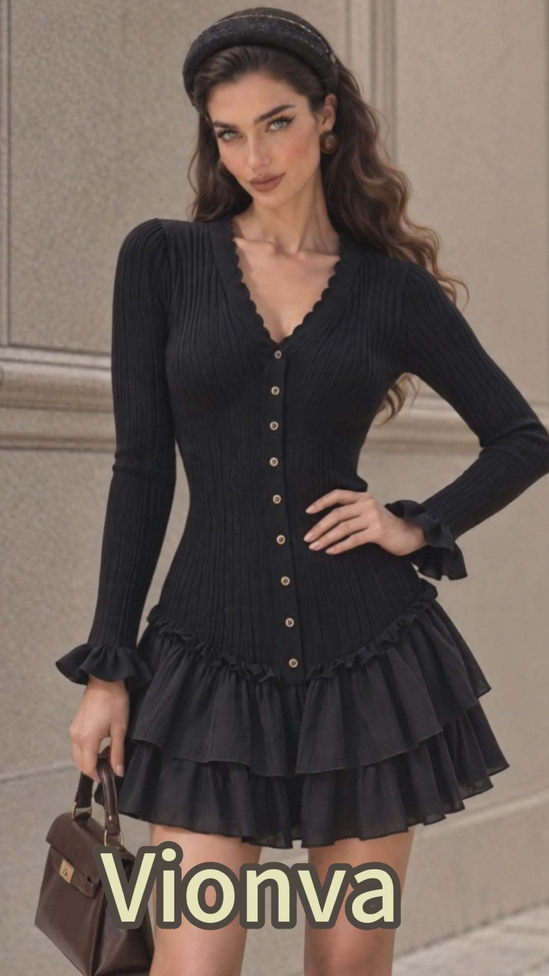 Vintage Black Scalloped V Neck Tiered Ruffle Dress