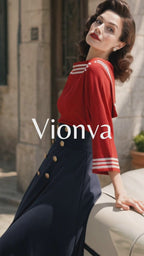 Vintage Nautical‑Style Top & Midi Skirt Set