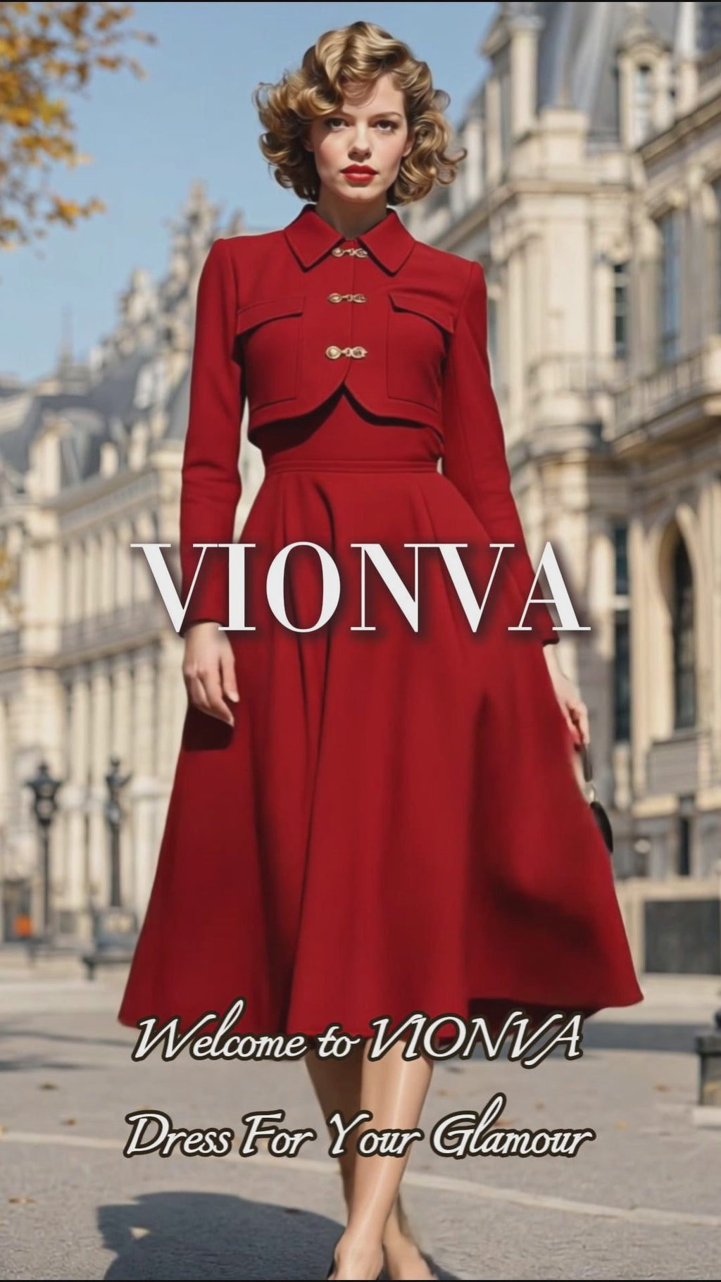 Classic Vintage Red Woolen Midi Two‑Piece Set