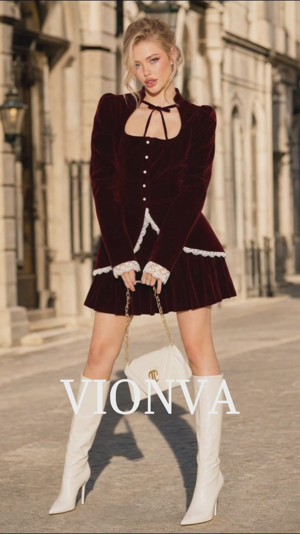 Vintage Burgundy Velvet Lace Trim Puff Sleeve Two‑Piece Mini Dress