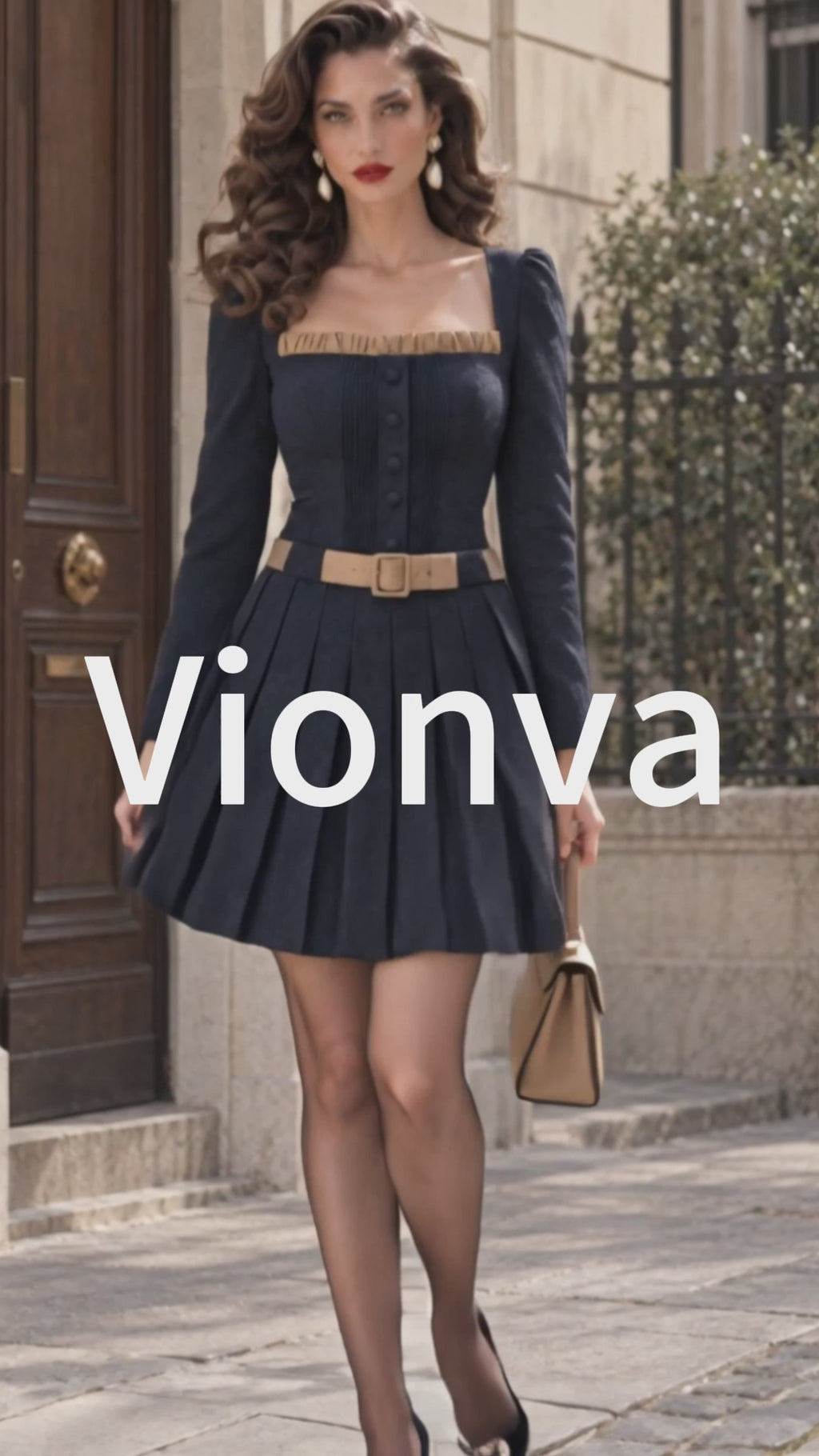 Vintage Camel-Trim Belted Pleated Wool Mini Dress