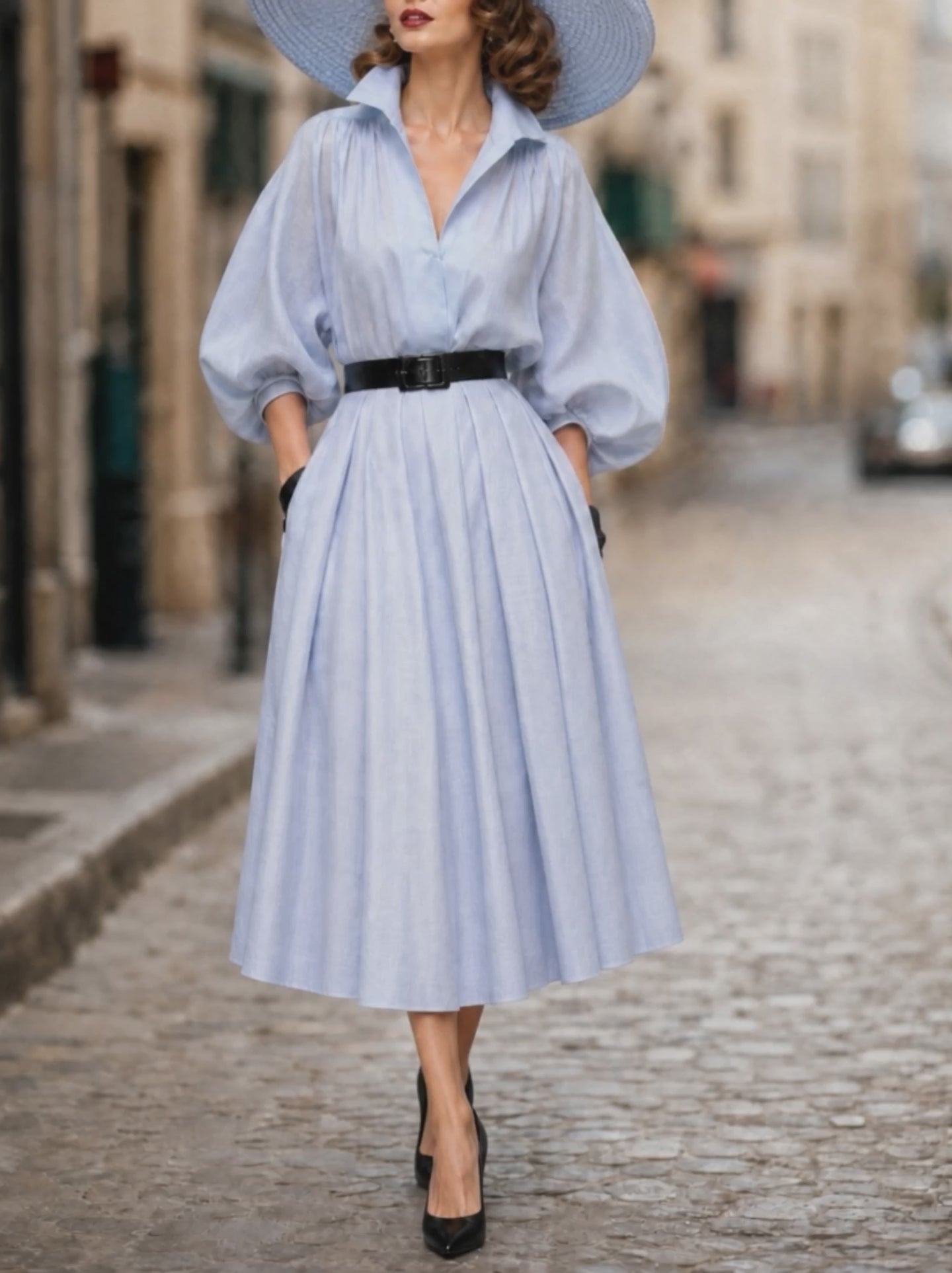 French Retro Sky-Blue Lantern-Sleeve A-Line Midi Dress