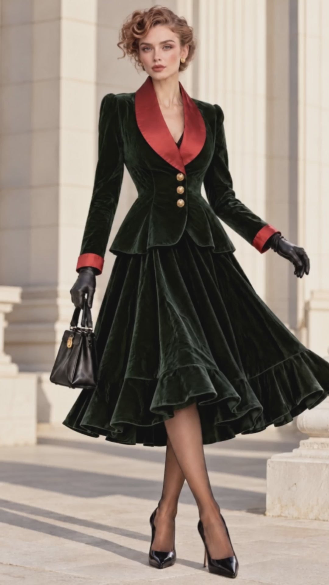 Vintage Red Satin Lapel Velvet Peplum Coat