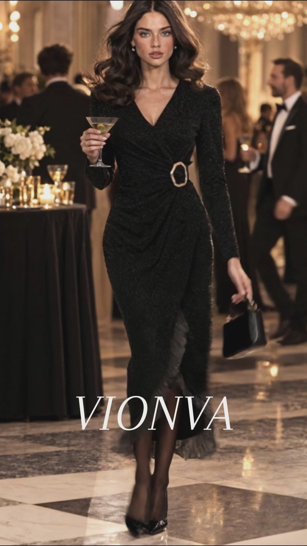 Vintage Black Sparkle Wrap V-Neck Metal Buckle Midi Dress