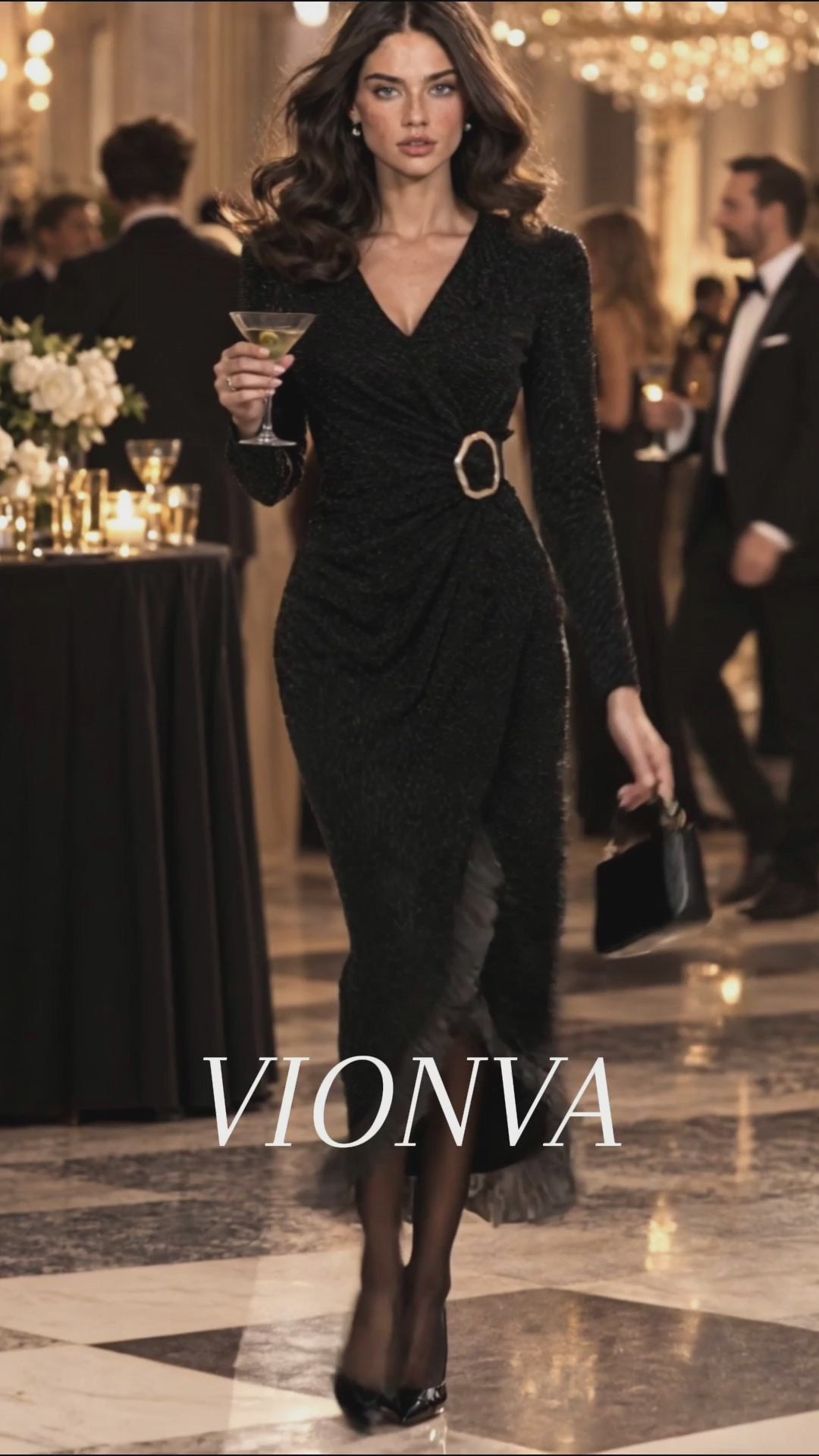 Vintage Black Sparkle Wrap V-Neck Metal Buckle Midi Dress