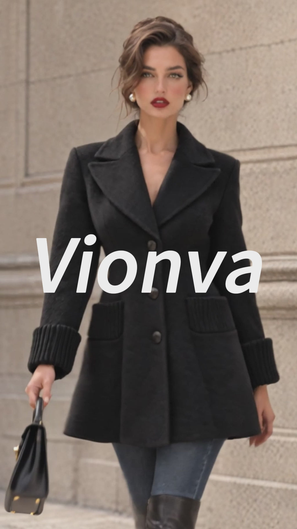 Vintage Ribbed-Cuff Notch-Lapel Fitted Wool Coat