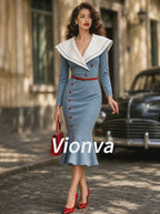 Vintage Blue Sailor-Collar Belted Knit Fishtail Dress
