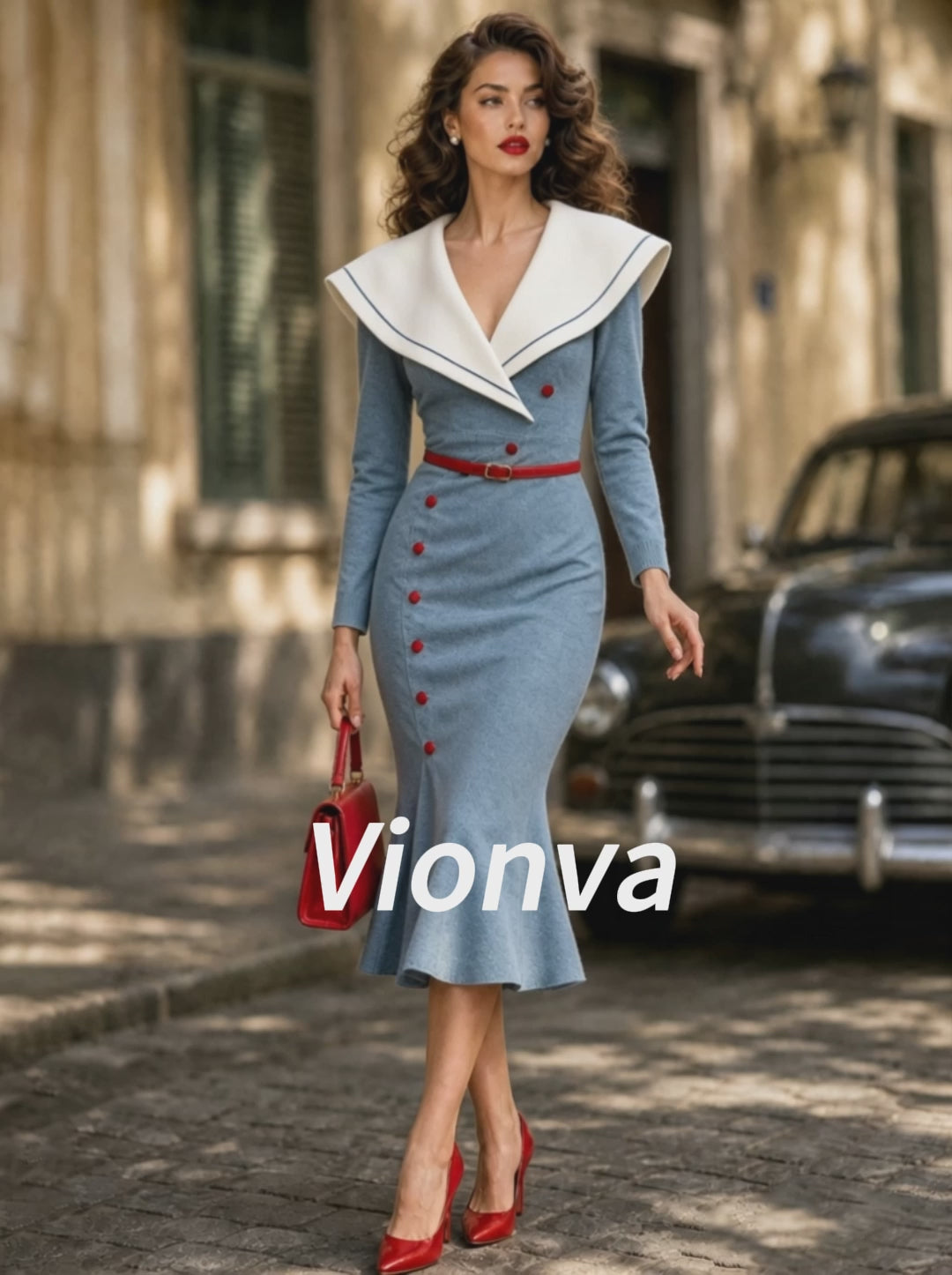Vintage Blue Sailor-Collar Belted Knit Fishtail Dress