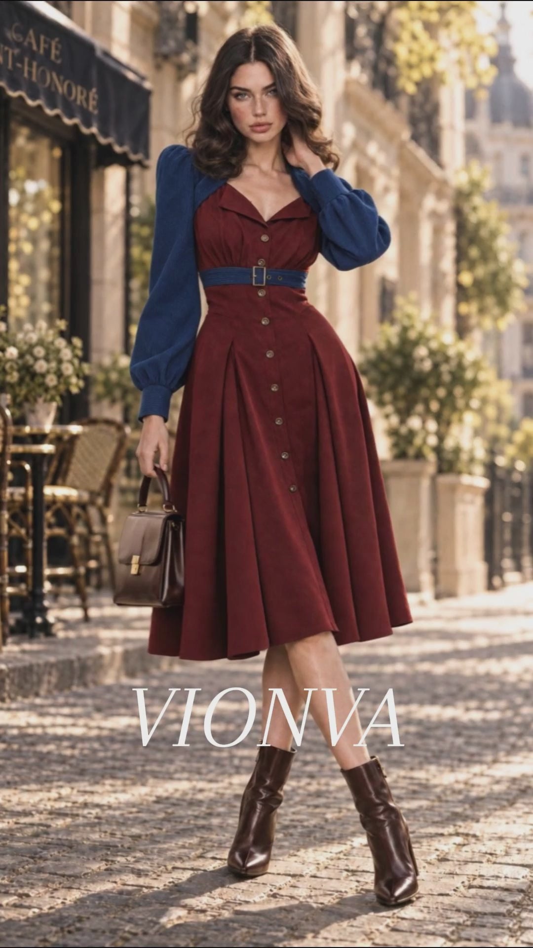 Vintage 50s Burgundy Contrast Blue Corduroy Puff Sleeve Belted Midi Dress