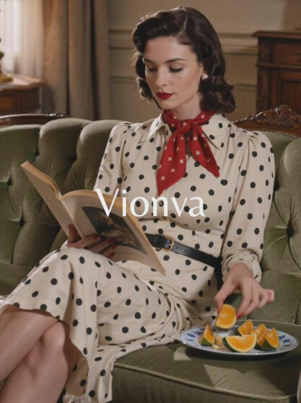 Vintage Polka Dot Printed Waist-Tied Blouse Midi Dress