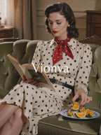 Vintage Polka Dot Printed Waist-Tied Blouse Midi Dress