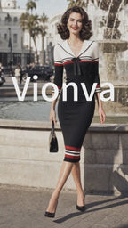 Vintage Black Sailor-Collar Bow Ribbed Bodycon Knit Dress