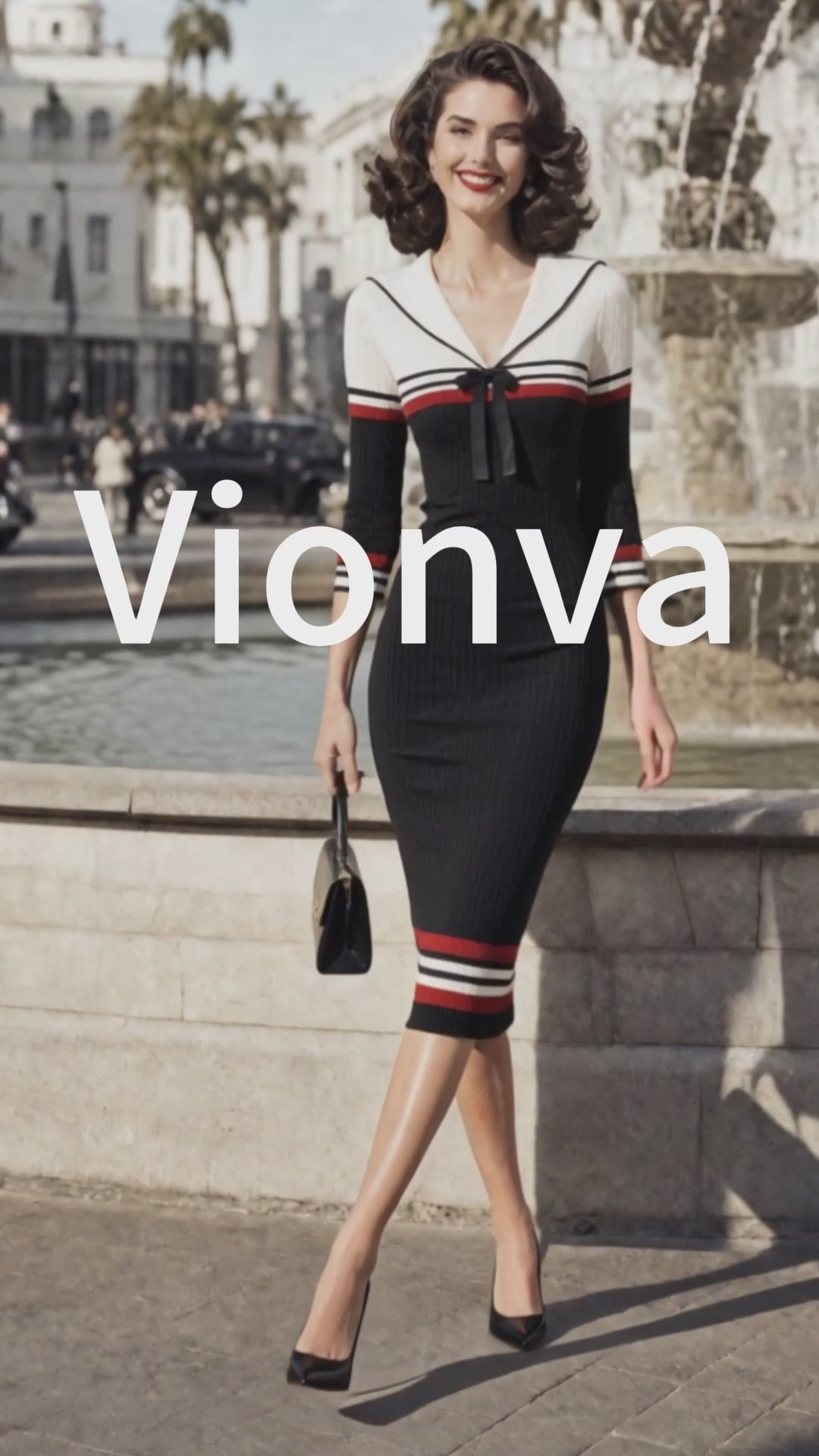 Vintage Black Sailor-Collar Bow Ribbed Bodycon Knit Dress