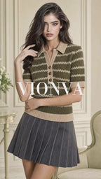 Retro Stripe Johnny Collar Short Sleeve Knit Top