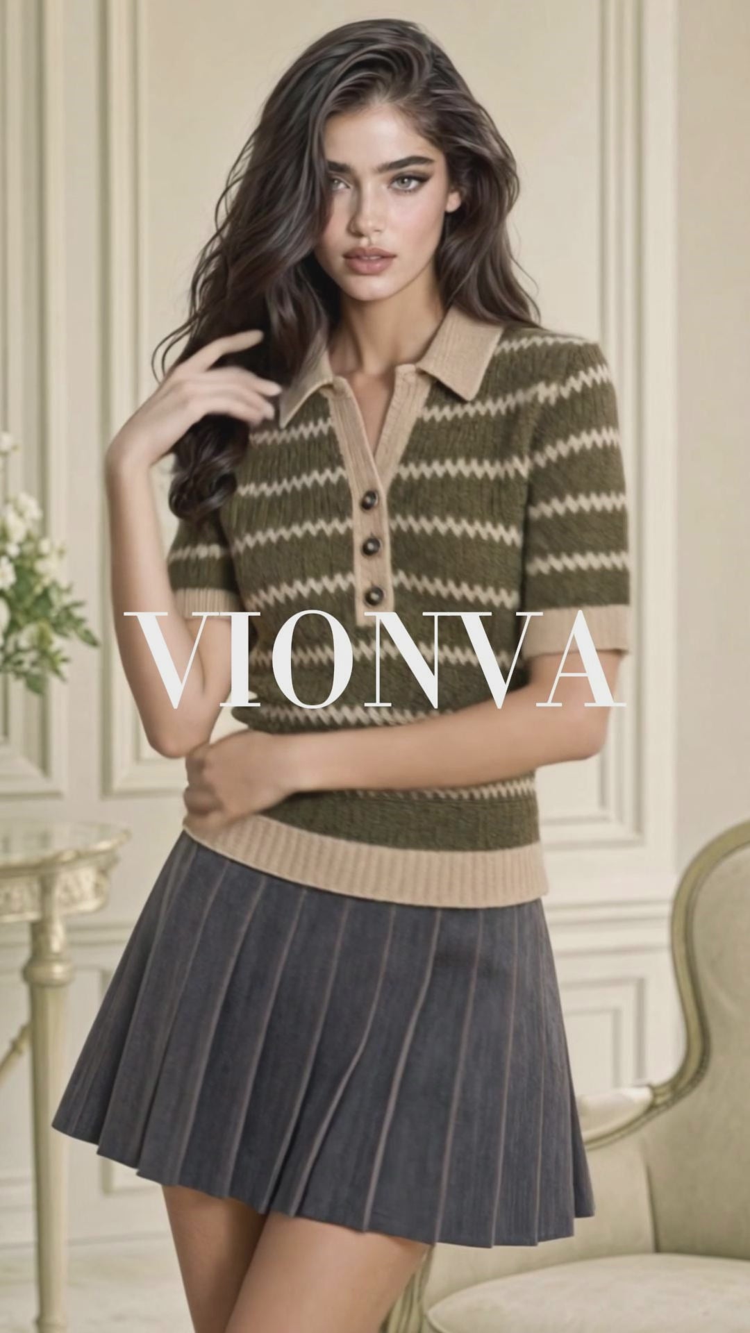 Retro Stripe Johnny Collar Short Sleeve Knit Top