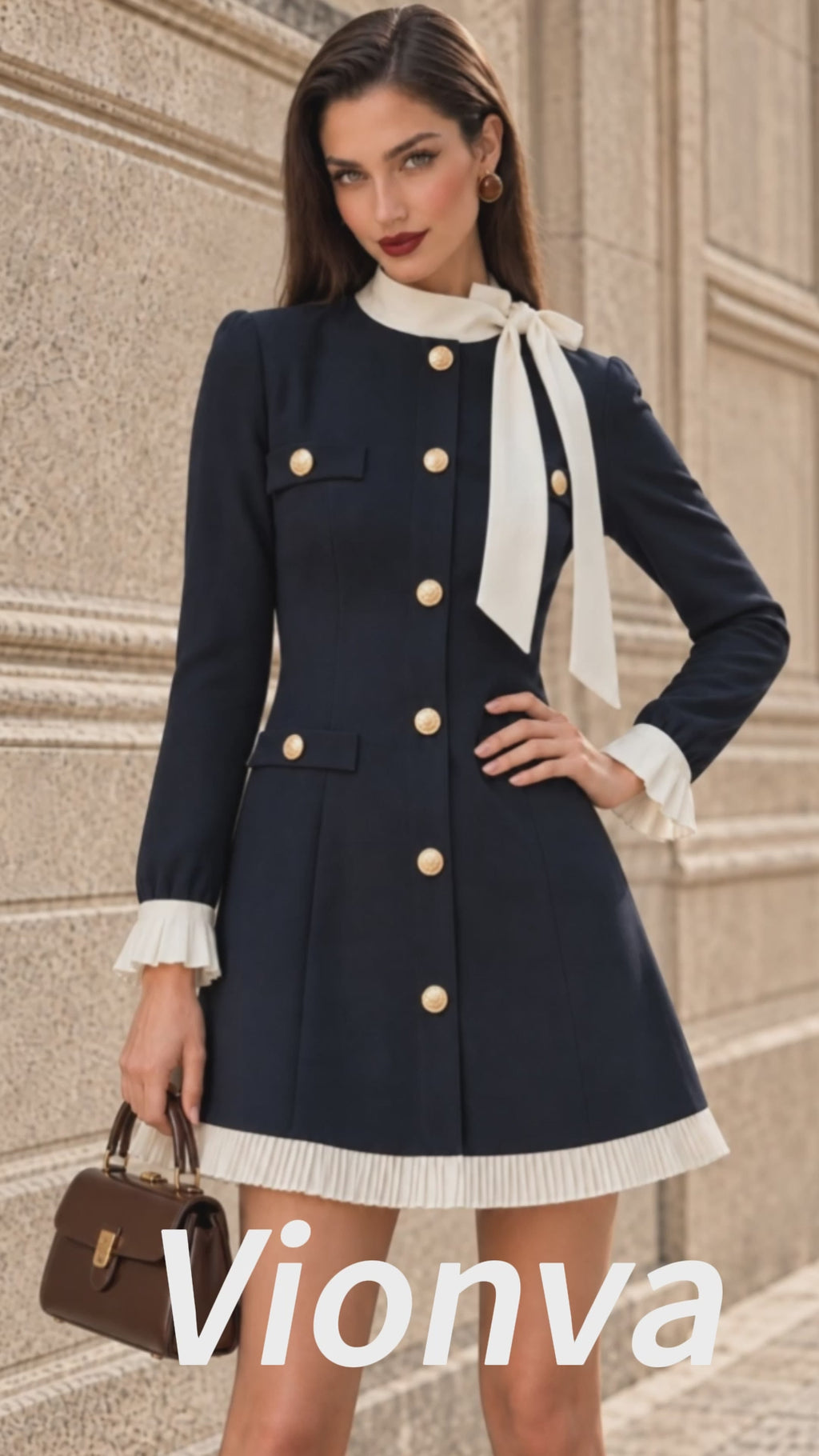 Vintage Navy Bow Neck Ruffle Mini Dress