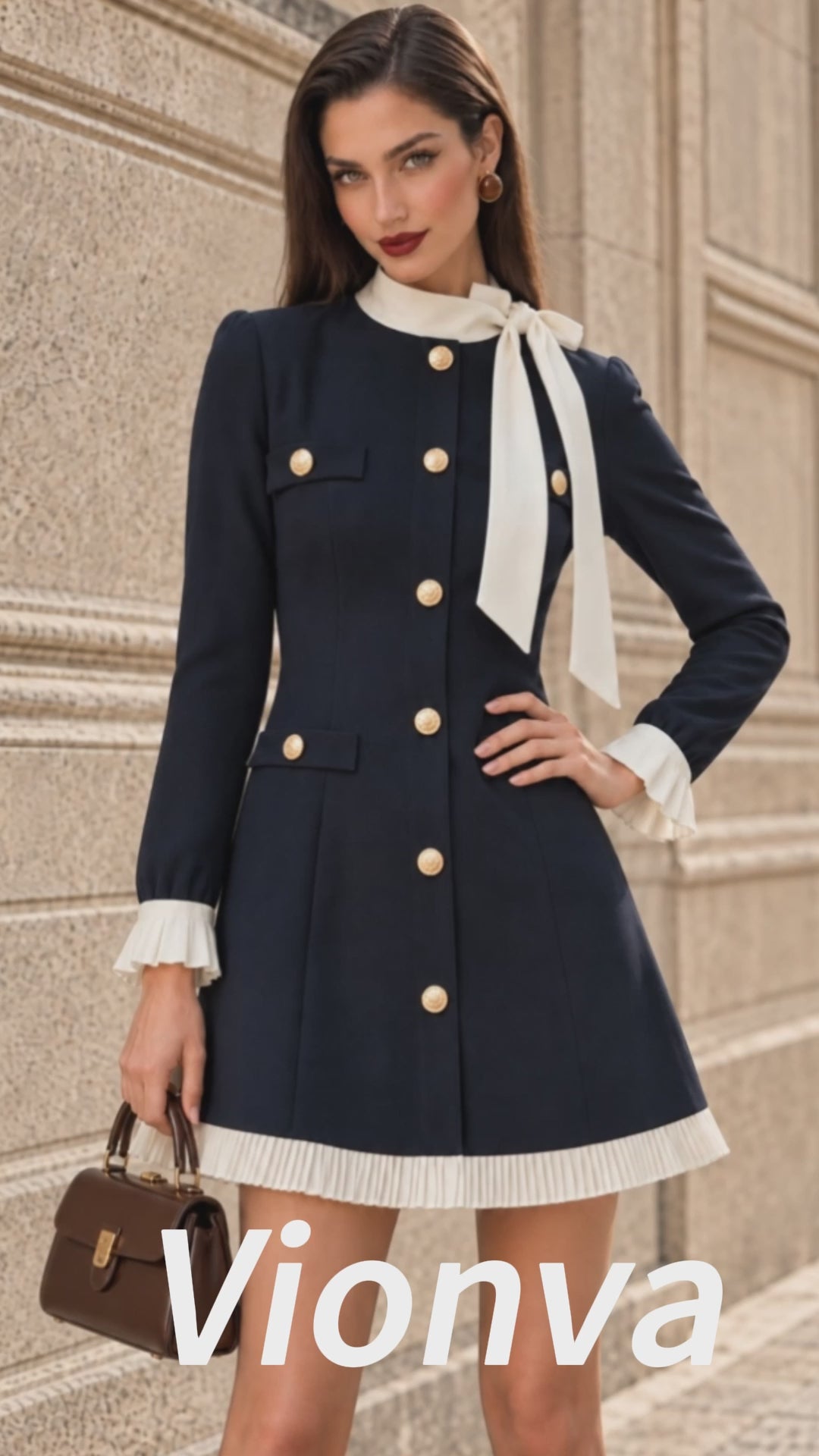 Vintage Navy Bow Neck Ruffle Mini Dress