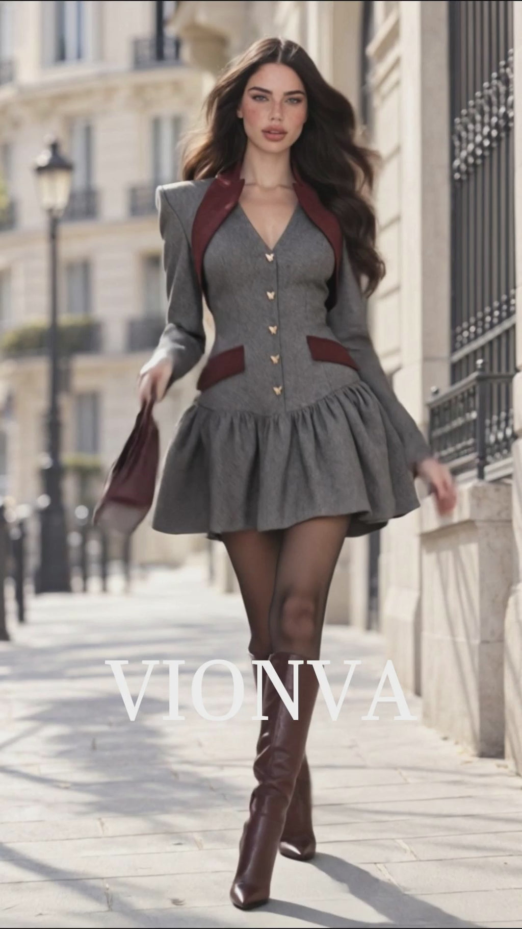 Vintage Wool Blend Contrast Burgundy Lapel Tailored Flared Mini Dress