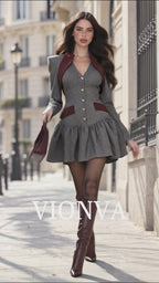 Vintage Wool Blend Contrast Burgundy Lapel Tailored Flared Mini Dress
