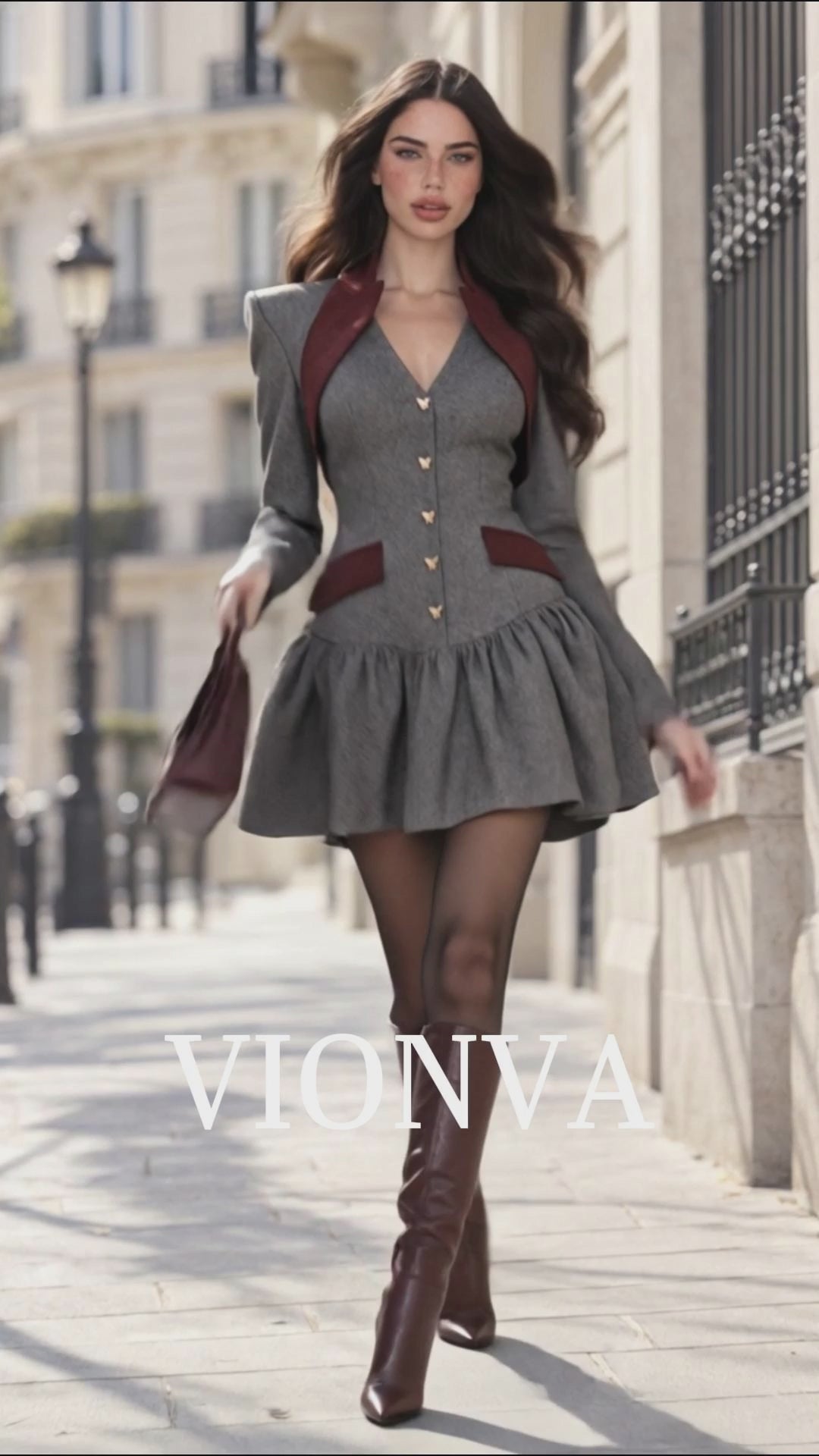 Vintage Wool Blend Contrast Burgundy Lapel Tailored Flared Mini Dress
