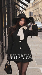 Vintage Wool Blend Contrast Bow Stand Collar Single Breasted Coat