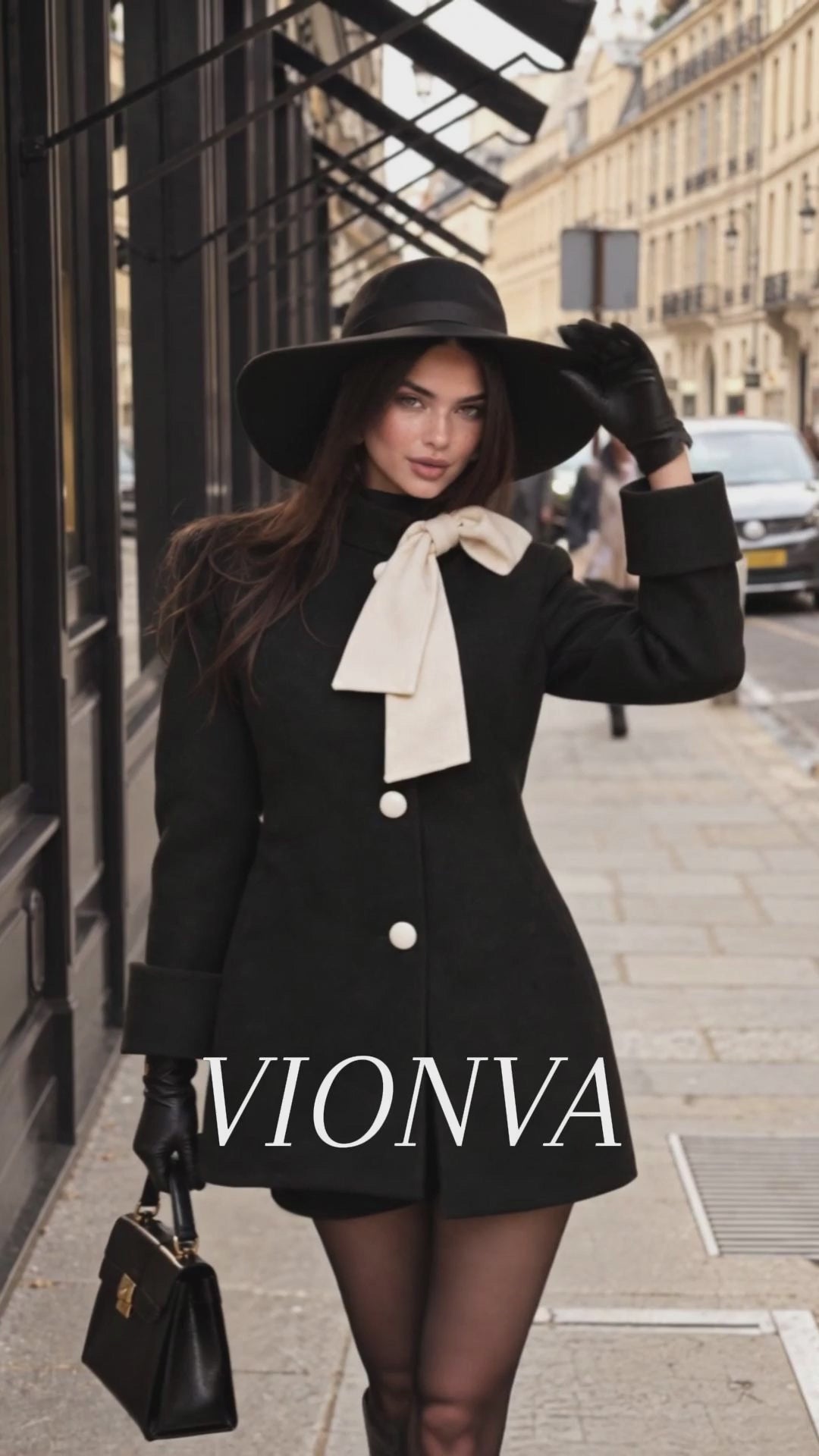 Vintage Wool Blend Contrast Bow Stand Collar Single Breasted Coat