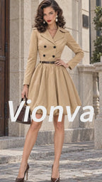 Vintage Khaki Double-Breasted Bubble-Hem Trench Dress