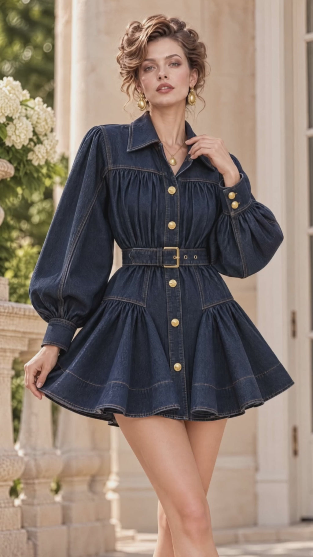Vintage Retro Collared Flare Denim Mini Dress