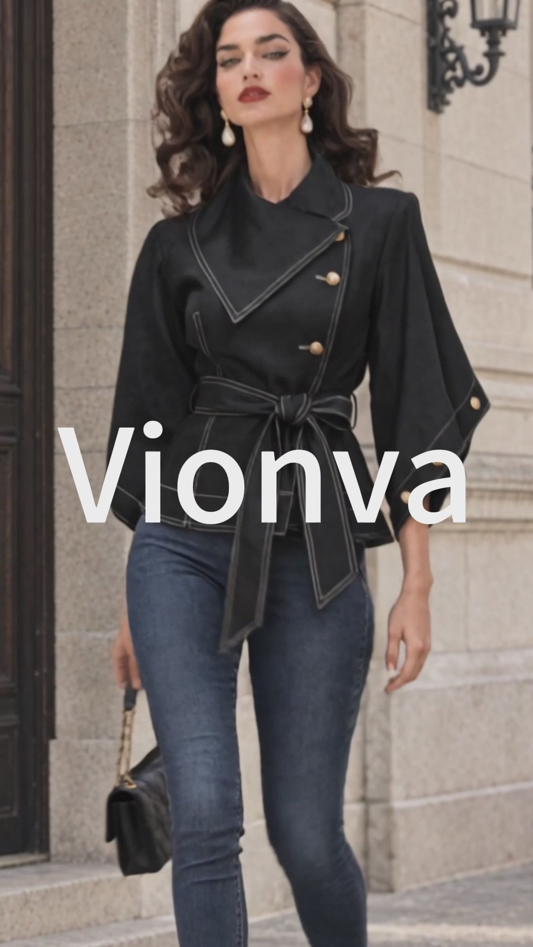Vintage Topstitch Belted Pearl-Button Cropped Jacket