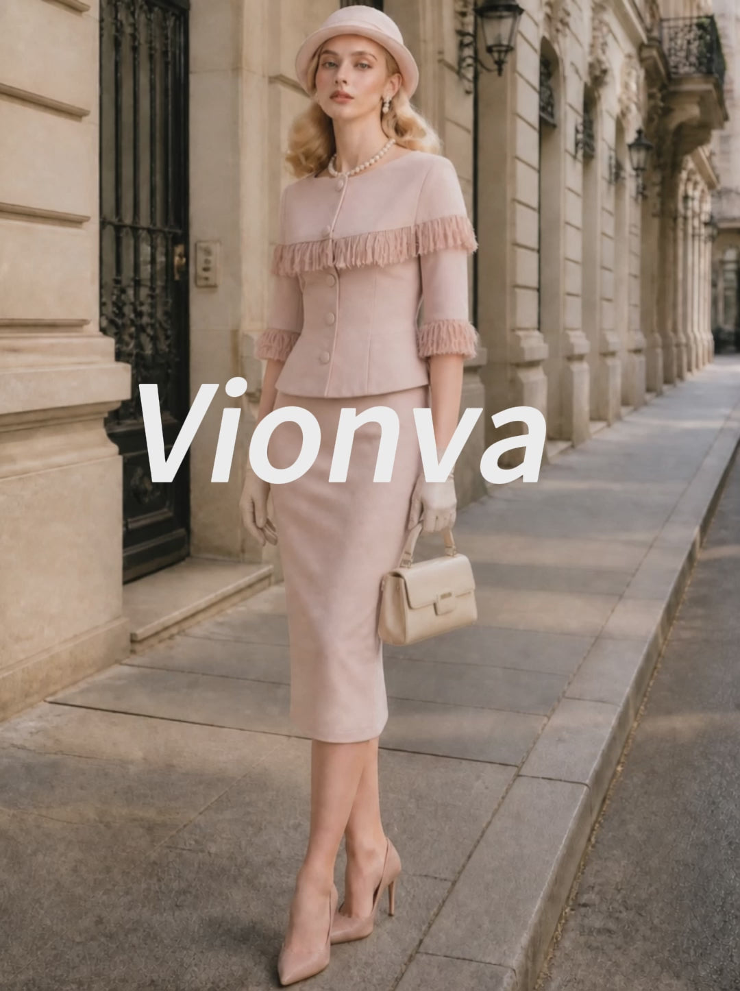 Vintage Pink Fringe Trim Jacket & Skirt Set
