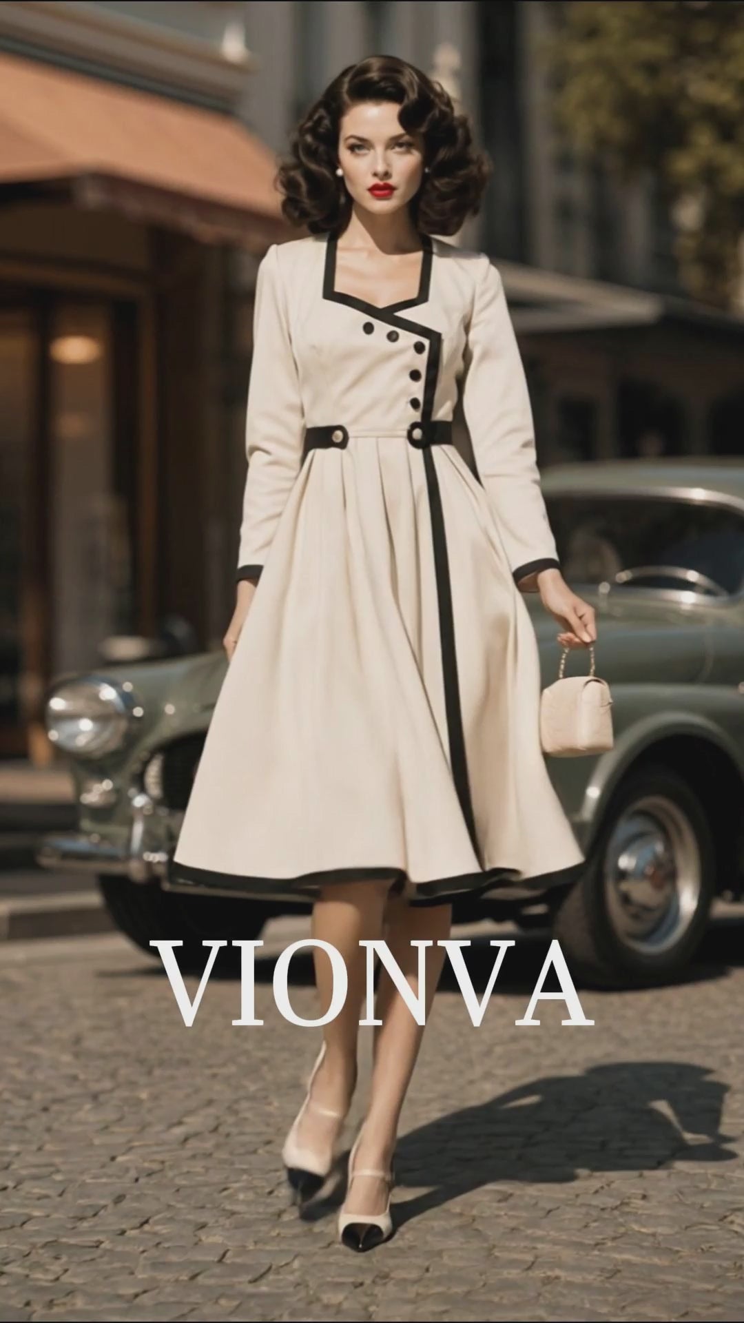 Vintage 1950s Cream Contrast Black Trim Asymmetric Button Long Sleeve Swing Midi Dress