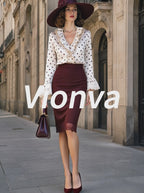 Vintage Polka Dot Blouse & Burgundy Pencil Skirt Set