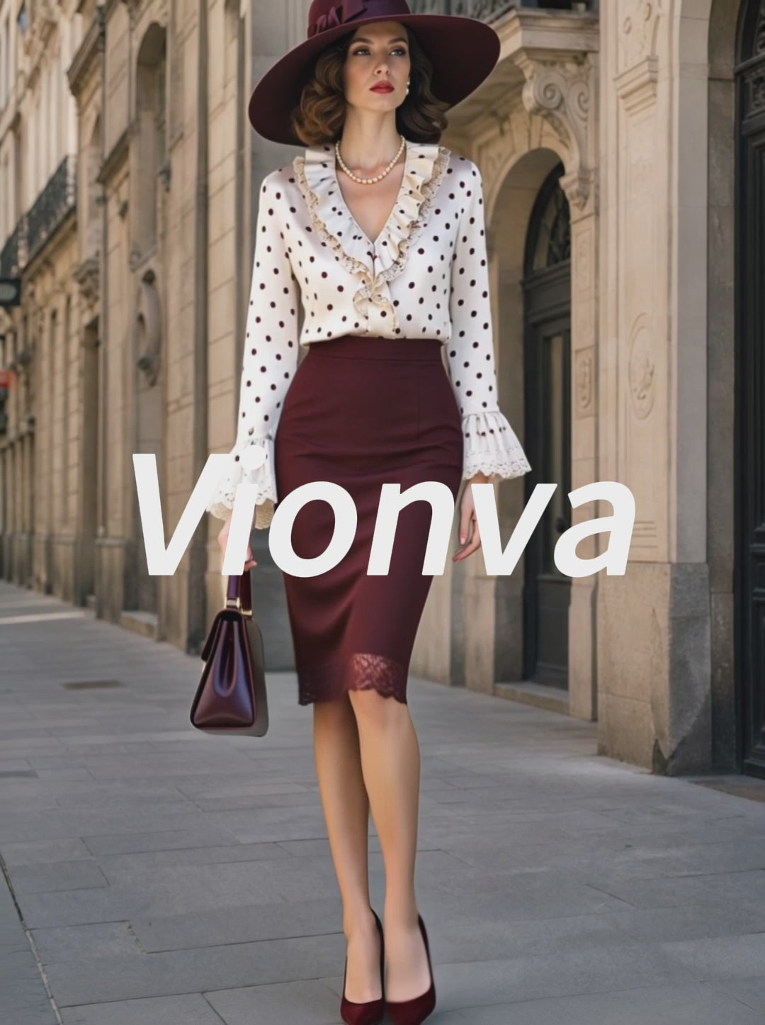 Vintage Polka Dot Blouse & Burgundy Pencil Skirt Set