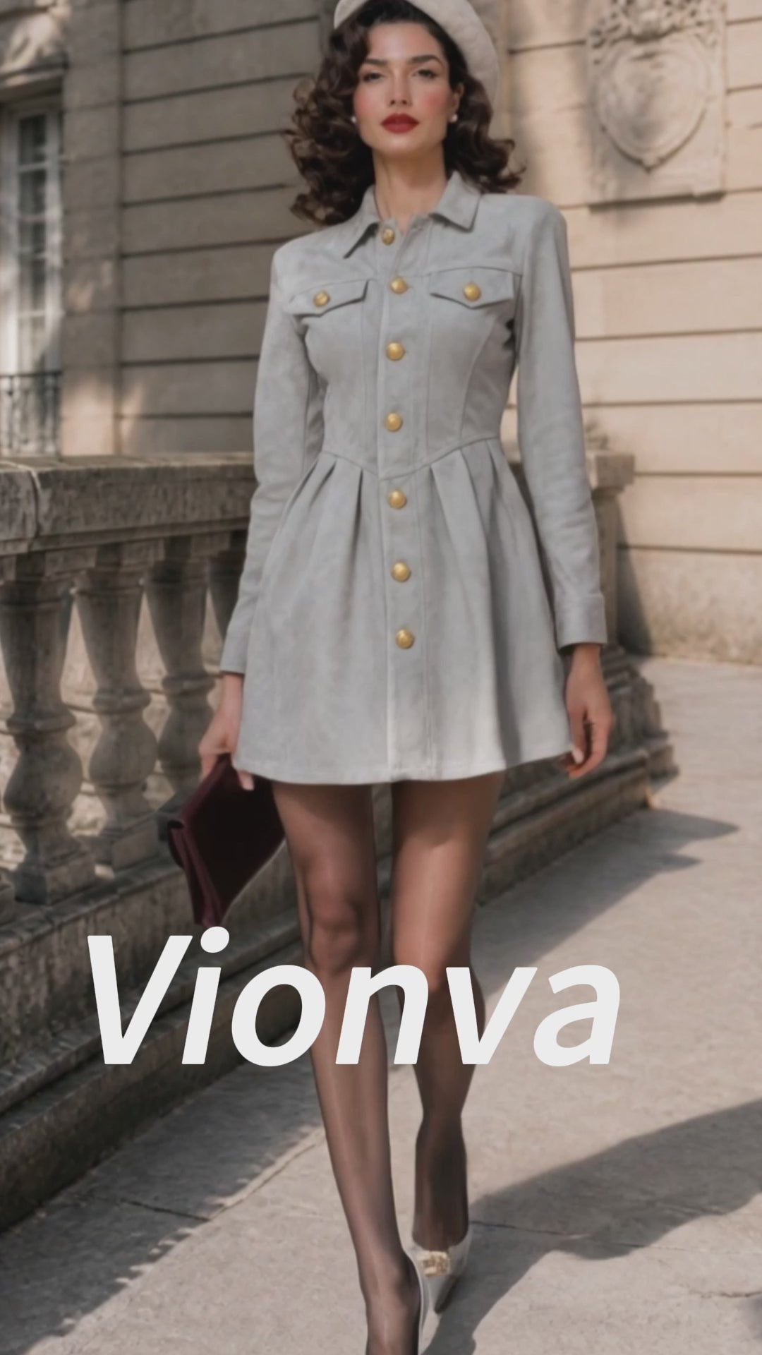 Vintage Gold-Button Faux Suede Pleated Shirt Dress