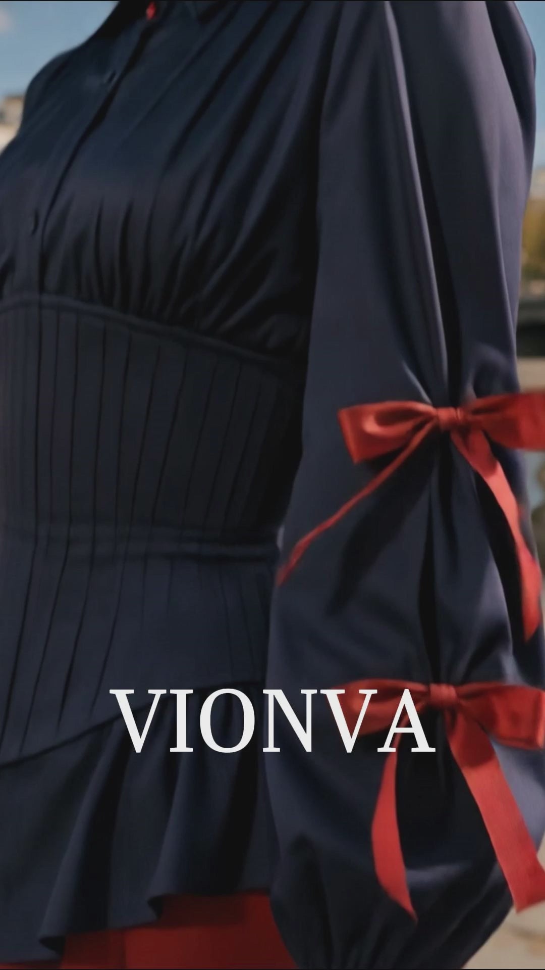 Vintage 1950s Navy Corset Waist Blouse With Red Bow Sleeves & Red Swing Midi Skirt Co‑Ord Set