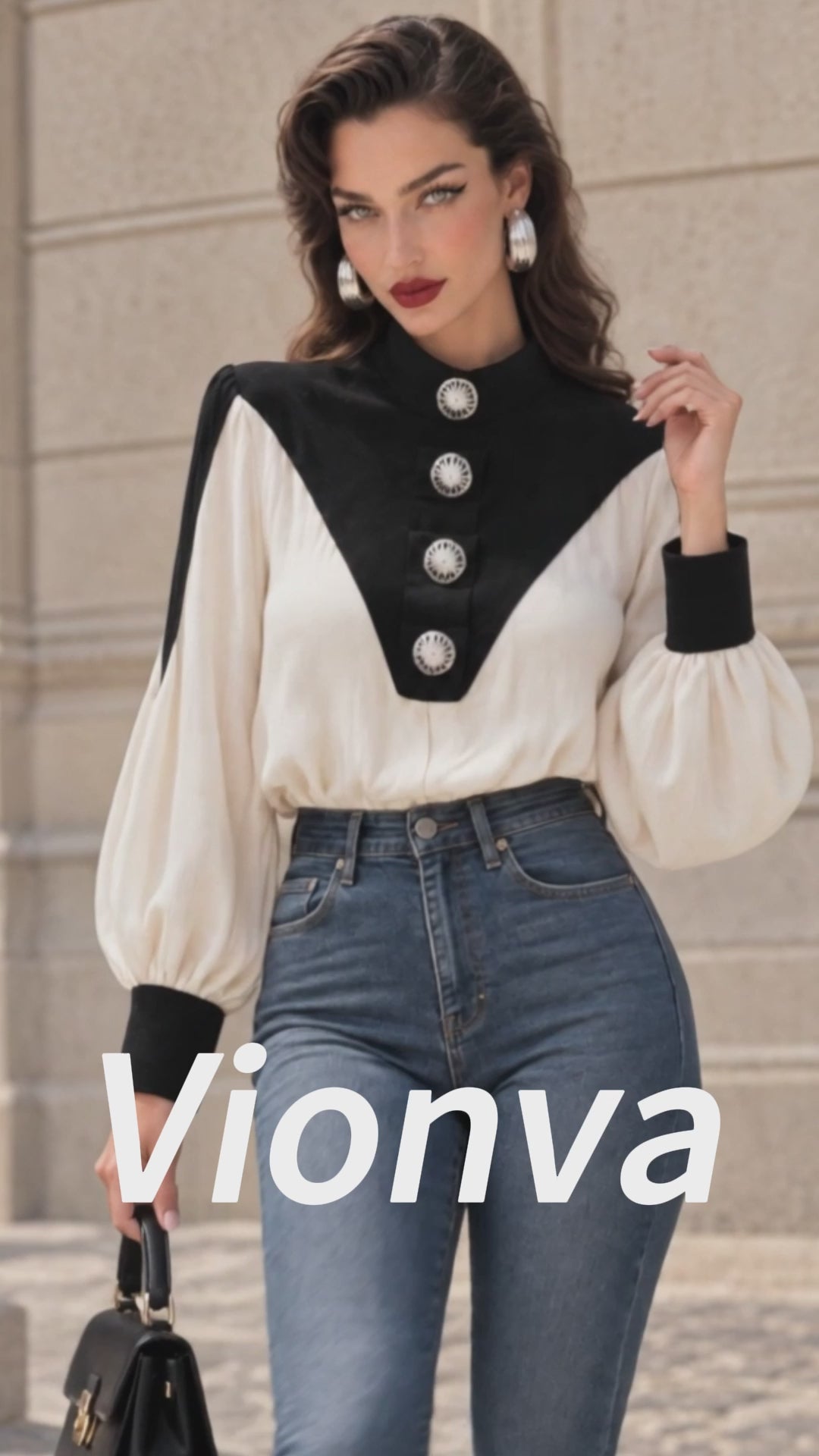 Vintage Colorblock Stand-Collar Blouse